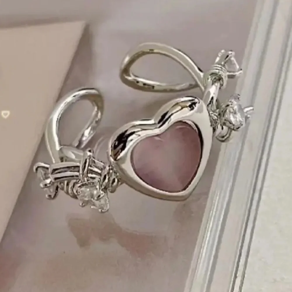3/$25 Chunky Pink Heart Adjustable Ring Rhinestones Brutalist Whimsigoth